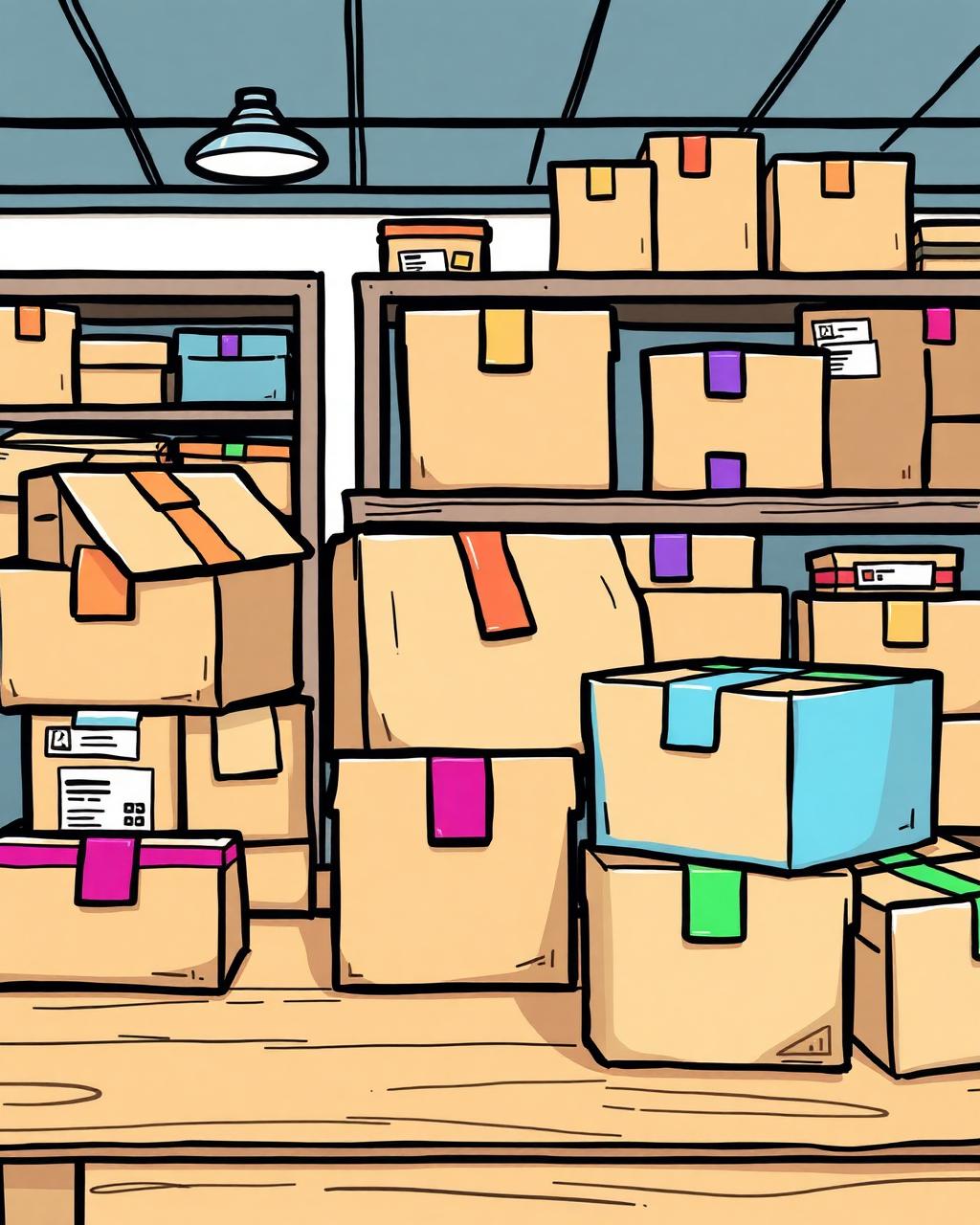 Cartoon illustration of carefully arranged wholesale carton boxes on a wooden table