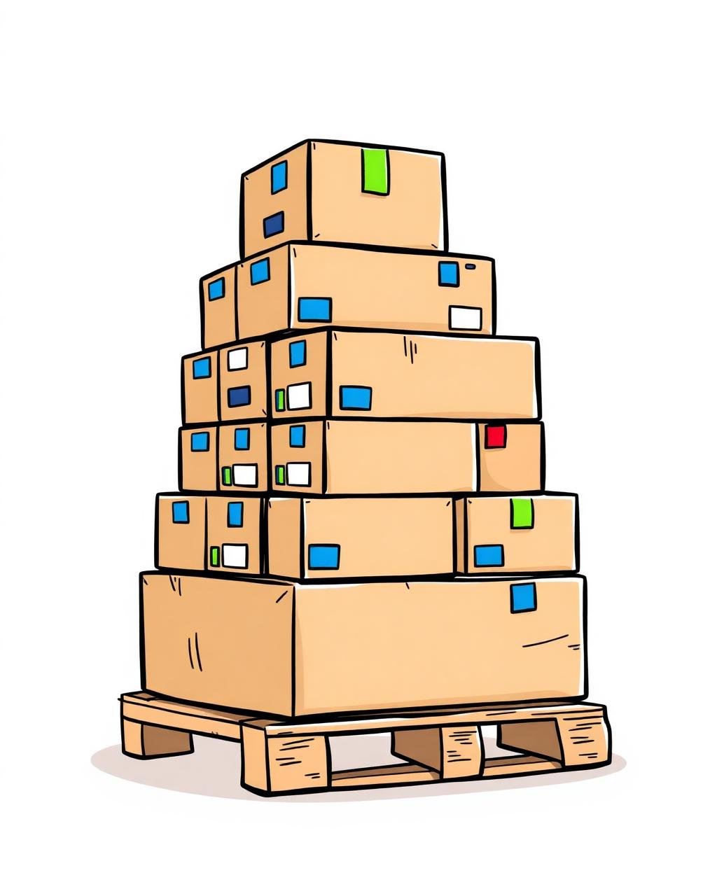 Cartoon illustration of stacked wholesale carton boxes on a wooden pallet